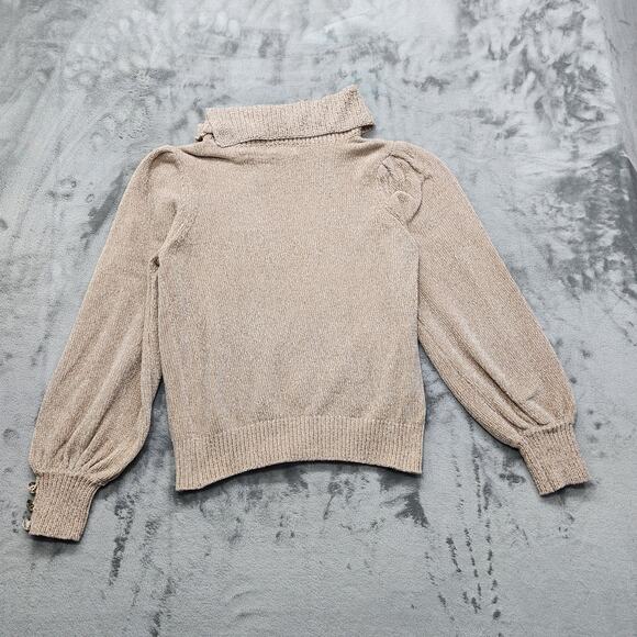 Stitch by Chenault Sweater Womens M Tan Chenille Knit Pearl Buttons Puff Sleeves - Picture 3 of 9